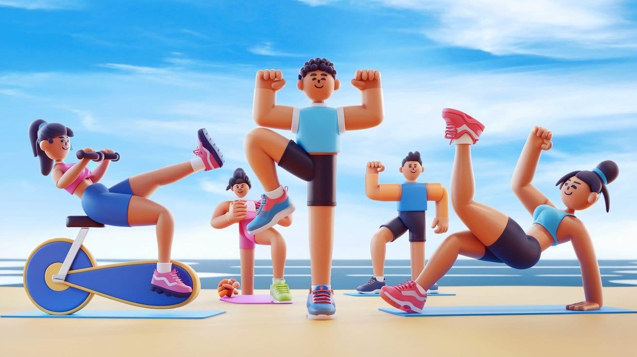 a 3d render of a diverse group of people exercisin ekD3Q2cfRfyFe VxAVmI7w HTwuFCHnQY2IU7nNPcmKSA