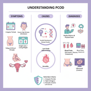 Understanding PCOD: Symptoms, Causes, and Diagnosis  Polycystic Ovarian Disease (PCOD), frequently referred to as Polycystic Ovary Syndrome (PCOS), is a common endocrine disorder affecting individuals of reproductive age. This condition is characterized by a hormonal imbalance, which can lead to various symptoms and complications. Medically, PCOD is classified by the presence of multiple cysts in the ovaries, which can be observed through imaging tests such as ultrasounds.  One of the primary symptoms associated with PCOD is irregular menstrual cycles, which may manifest as missed periods or unusually heavy menstrual flow. Individuals may also experience excessive hair growth, known as hirsutism, which can occur in areas such as the face, chest, and back, resulting from elevated androgen levels. Acne and oily skin are additional symptoms that many may encounter, contributing to physical and emotional distress.  The etiology of PCOD is complex and multifactorial, with genetic predisposition playing a significant role in its onset. Family history of similar disorders can increase the risk of developing PCOD. Hormonal imbalances, particularly concerning insulin resistance and androgen levels, are crucial factors contributing to the symptoms experienced by those affected. Lifestyle influences, including obesity, lack of physical activity, and dietary habits, are also linked to the exacerbation of PCOD symptoms.  To diagnose PCOD, healthcare professionals typically conduct a comprehensive evaluation that includes a thorough physical examination to assess symptoms. Ultrasound imaging is utilized to visualize the ovaries and identify cysts, while blood tests help determine hormone levels, including testosterone and insulin. These diagnostic processes are vital to establishing an accurate diagnosis and formulating an effective management plan for those with PCOD.    Dietary Guidelines for Managing PCOD  Managing Polycystic Ovarian Disease (PCOD) effectively requires careful attention to dietary choices. A balanced diet rich in whole foods can significantly alleviate symptoms associated with this condition. Emphasizing nutrient-dense foods aids in managing insulin resistance, a common concern for individuals with PCOD. It is essential to focus on integrating a variety of fruits, vegetables, whole grains, and lean proteins into daily meals to support overall health.  Including high-fiber foods, such as legumes, nuts, and seeds, helps regulate blood sugar levels and can be beneficial for improving insulin sensitivity. Healthy fats, particularly those found in avocados, olive oil, and fatty fish, should also be included in the diet, as they assist in hormone regulation and provide essential nutrients. Furthermore, lean protein sources like poultry, fish, and plant-based proteins are vital for maintaining muscle mass and promoting satiety.  To better manage PCOD symptoms, portion control and meal timing are crucial elements to consider. It is advisable to eat smaller, balanced meals throughout the day rather than large meals. This strategy aids in stabilizing blood sugar levels and helps in managing appetite. Additionally, mindful eating practices can enhance the overall eating experience, ensuring proper digestion and nutrient absorption.  Avoiding processed foods and added sugars is imperative, as these can contribute to weight gain and worsen insulin resistance. Instead, focus on whole, unprocessed options. Furthermore, meal prepping can be an effective strategy to ensure access to healthy meals throughout the week, reducing the likelihood of impulsive eating choices. Healthier snack options, such as fruit, yogurt, or mixed nuts, can also sustain energy levels while contributing to overall health.    Effective Exercises to Alleviate PCOD Symptoms  Polycystic Ovarian Disease (PCOD) is a condition that can significantly impact a woman's physical and emotional well-being. Incorporating regular physical activity into one’s lifestyle is crucial for managing PCOD symptoms effectively. Exercise can aid in weight management, improving insulin sensitivity, and lowering stress hormone levels. This, in turn, can lead to a reduction in symptoms associated with PCOD.  Aerobic exercises, such as brisk walking, jogging, swimming, and cycling, are particularly beneficial as they help burn calories and promote cardiovascular health. Engaging in aerobic activities for at least 150 minutes weekly can help in maintaining a healthy weight, which is often a challenge for those with PCOD. These exercises can also enhance insulin sensitivity, thereby improving overall metabolic function.  In addition to aerobic workouts, strength training should be incorporated into the routine at least two to three times a week. This type of exercise not only helps in building lean muscle mass but also contributes to increased resting metabolic rate. Exercises such as weightlifting, resistance band workouts, and bodyweight exercises (like squats and push-ups) can all be effective in enhancing muscle strength and promoting weight loss.  Flexibility workouts, including yoga and stretching exercises, play a vital role in managing stress, which is often elevated in women with PCOD. Yoga can provide several benefits, including relaxation and hormone regulation, which can be advantageous for those suffering from PCOD symptoms.  Setting realistic fitness goals is essential in a successful exercise regimen. Women should aim for gradual progress rather than immediate transformations. Establishing a workout schedule that fits into one’s daily routine can help maintain consistency. Moreover, incorporating small, achievable goals helps in creating a sense of accomplishment and encourages long-term adherence to an exercise routine.    Myths and Facts About PCOD: Debunking Misconceptions  Polycystic Ovarian Disease (PCOD) is frequently surrounded by various myths and misconceptions that can lead to misunderstandings about the condition. One common myth is that PCOD is solely an infertility issue. While it is true that PCOD can affect fertility, it is a complex hormonal disorder with varying symptoms that impact multiple aspects of health, including metabolism and emotional well-being.  Another prevalent myth suggests that PCOD only affects overweight women. In reality, women of all body types can develop this condition. While weight gain can exacerbate the symptoms of PCOD, it is not a universal characteristic of all affected individuals. This misconception can lead to societal stigma, causing emotional distress for those struggling with the condition but who may not fit this stereotype.  Additionally, many believe that PCOD is entirely curable. Currently, there is no definitive cure for PCOD; however, various treatment options are available to manage symptoms. These treatments may include lifestyle modifications, such as dietary changes and regular exercise, as well as medical interventions like hormonal therapy. Education about this aspect can empower women to take control of their health and make informed choices regarding their bodies.  Women with PCOD often face emotional challenges due to the societal pressures and stigmas associated with this disorder. Recognizing that PCOD is a medical condition requiring understanding and support, is crucial in mitigating the emotional burden. Furthermore, it is essential for women to be well-informed about reproductive options available to them. Knowledge about fertility preservation and alternatives, such as IVF, offers hope and reassurance for those planning a family.  In essence, debunking these myths and presenting factual information about PCOD is vital for fostering understanding and support among affected individuals and their families. Awareness can assist in breaking down barriers and encouraging healthier conversations surrounding PCOD imgg22 the muscle beast